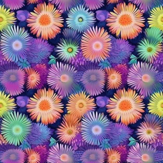 Een kleurrijk bloemenpatroon met een regenboogachtergrond.