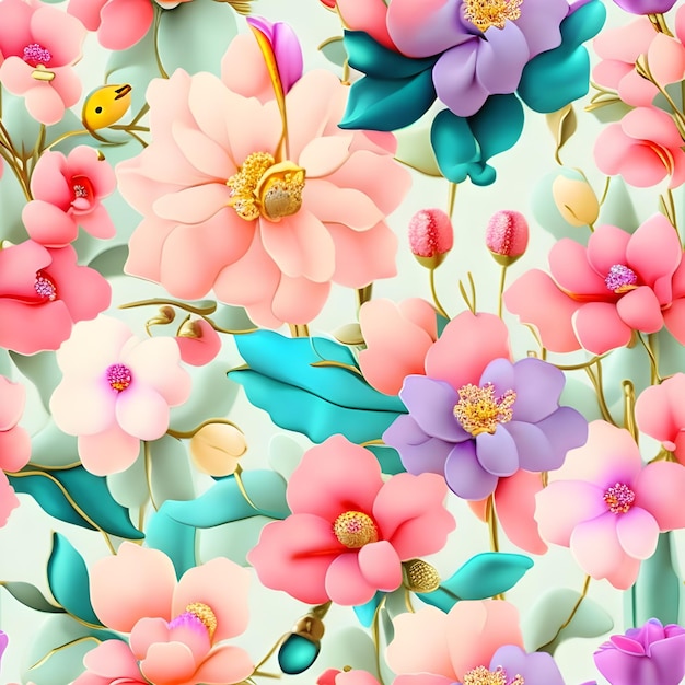 Een kleurrijk bloemenpatroon met roze en blauwe bloemen.
