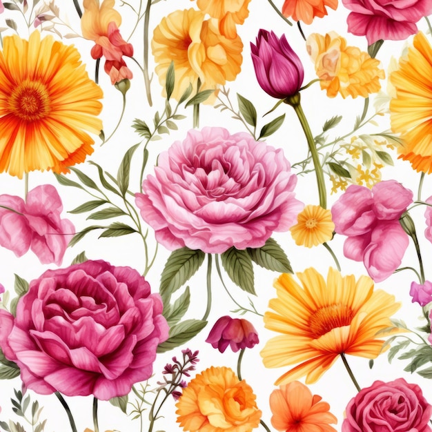 Een kleurrijk bloemenpatroon met verschillende bloemen.