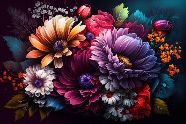 Een kleurrijk bloemenschilderij met bloemen op een donkere achtergrond