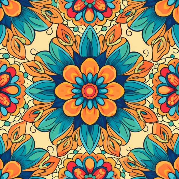 Een kleurrijk bloemmotief met blauwe en oranje bloemen generatieve ai