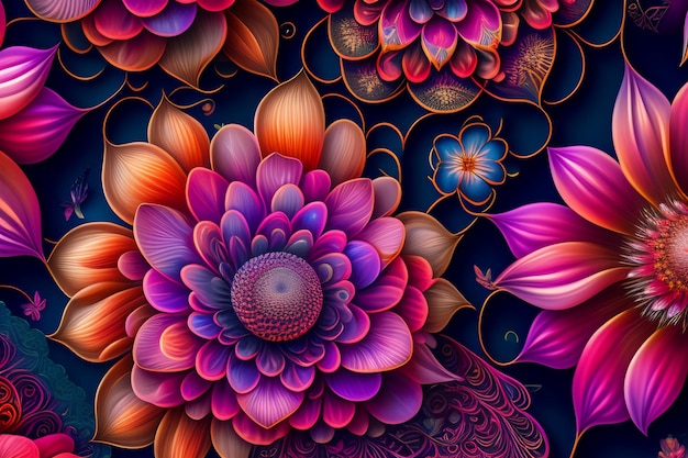 Een kleurrijk bloemmotief met links een bloem.
