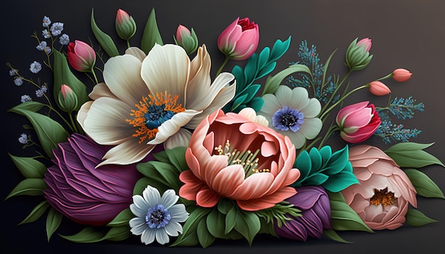 Een kleurrijk bloemstuk met bloemen op een zwarte achtergrond.
