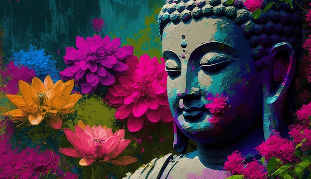 Foto een kleurrijk boeddhabeeld omgeven door bloemen.