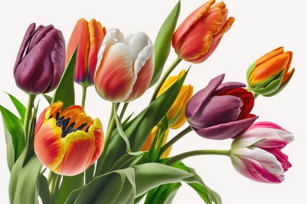 Een kleurrijk boeket tulpen op een witte achtergrond