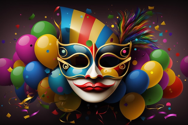 Een kleurrijk carnavalsmasker met ballonnen aan de onderkant.