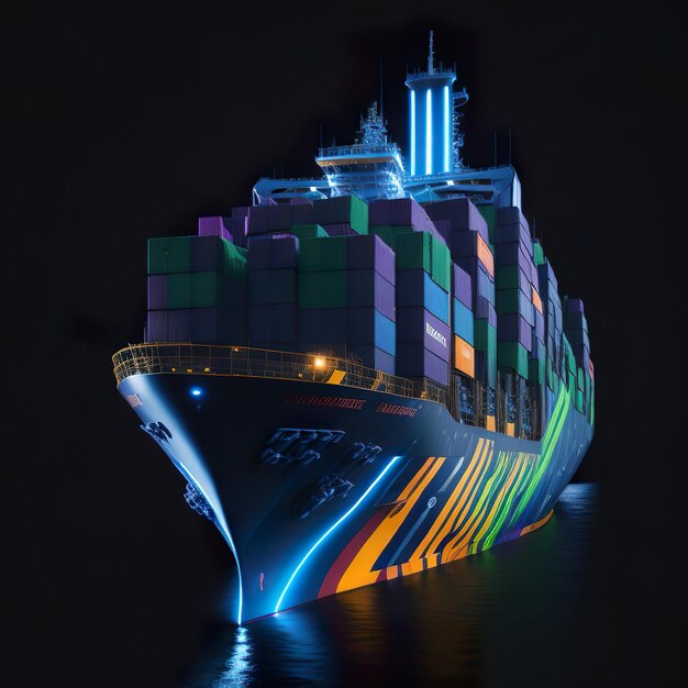 Foto een kleurrijk containerschip wordt verlicht met neonlichten.