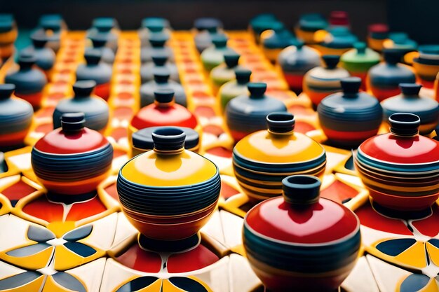 Een kleurrijk display van keramische potten en pannen met een die "het woord" op de bodem zegt.