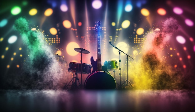 Een kleurrijk drumstel op een podium met verlichting en een drumstel
