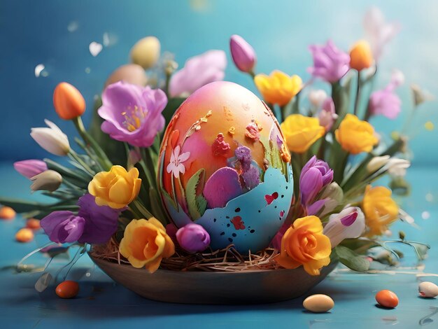 een kleurrijk ei met een schilderij van een konijn erop