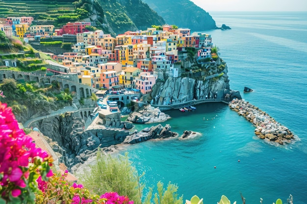 Een kleurrijk en levendig dorp zit onzeker op een klif met een adembenemend uitzicht op de uitgestrekte oceaan beneden Highangle uitzicht op een kleurrijke kuststad AI gegenereerd