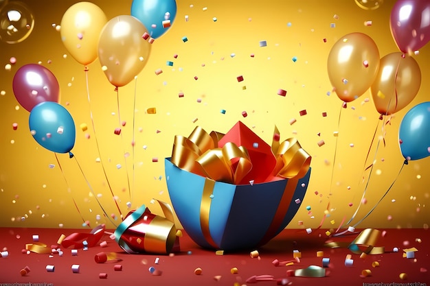 Een kleurrijk feest met ballonnen en een geschenkdoos met de tekst "gelukkige verjaardag".