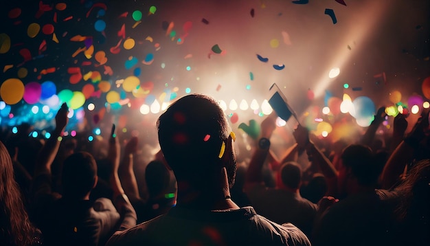 Een kleurrijk feest met een groot aantal mensen in een arena met lichtjes confetti een groothoekperspectief en vrolijke mensen die niet naar de camera kijken Generatieve AI