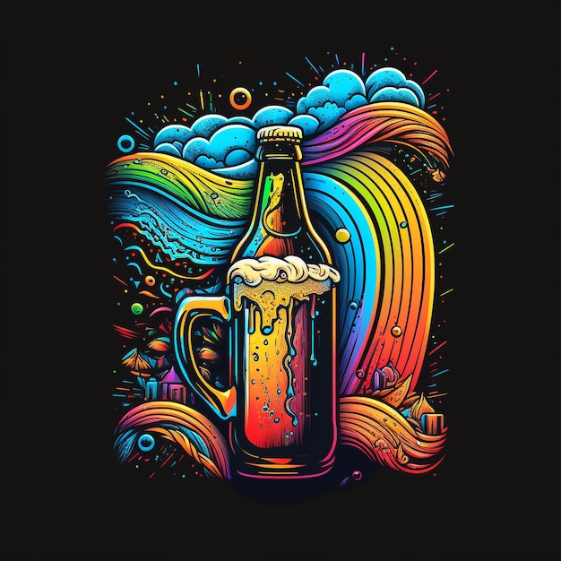 Foto een kleurrijk flesje bier met een regenboogachtergrond.