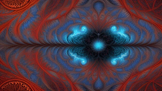 Een kleurrijk fractal afbeelding met een blauw en rood ontwerp.