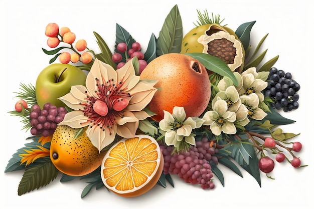 Een kleurrijk fruitarrangement met een witte achtergrond