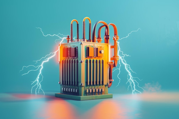 Een kleurrijk futuristisch uitziend stuk machine met een bliksem erop