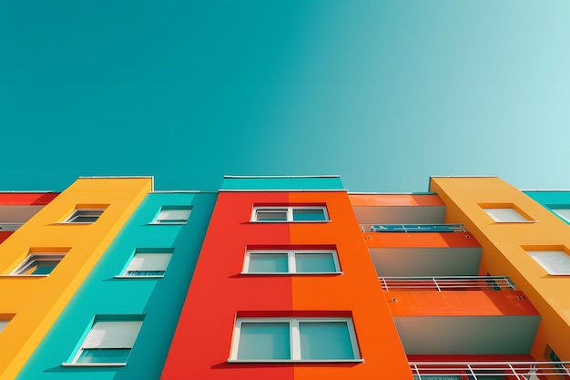 Foto een kleurrijk gebouw met een regenboog gekleurde vensterramen