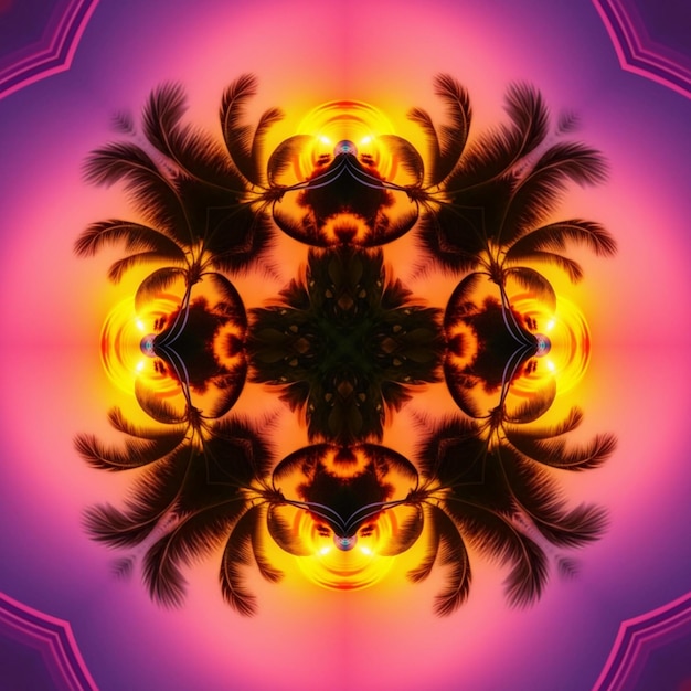 Een kleurrijk, geometrisch ontwerp met een palmboom in het midden.