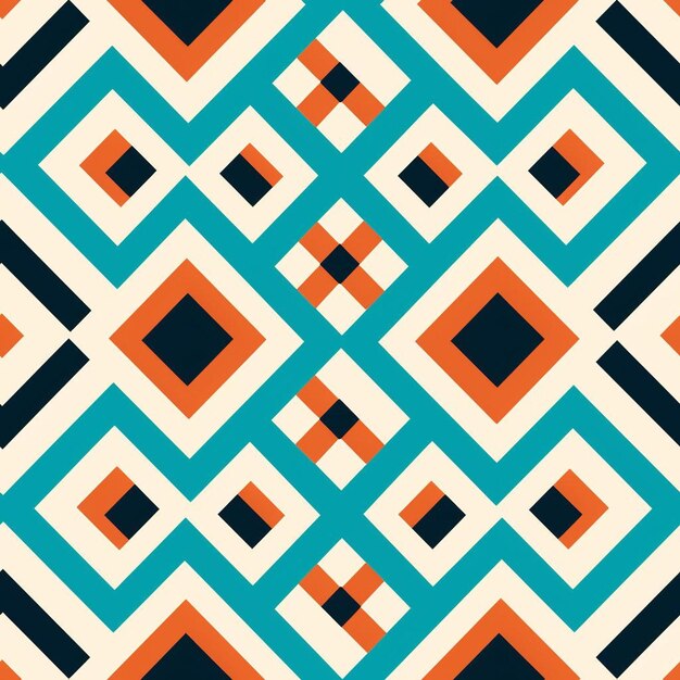 Een kleurrijk geometrisch patroon met vierkanten en vierkanten in oranje, blauw en zwart.