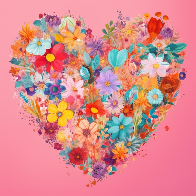 Een kleurrijk hart gemaakt van bloemen op een roze achtergrond Generatieve Ai