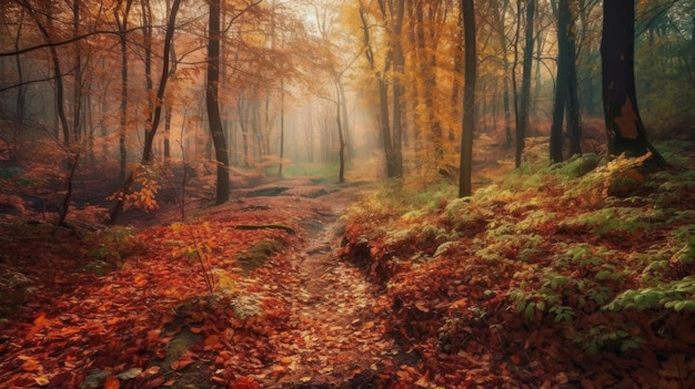 Een kleurrijk herfstbos met gevallen bladeren die door AI zijn gegenereerd