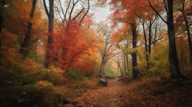 Een kleurrijk herfstlandschap met een pad in het bos.