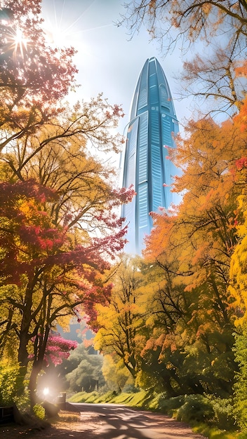 Een kleurrijk herfstlandschap met een wolkenkrabber op de achtergrond