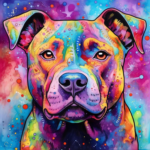 Een kleurrijk hondenschilderij met het gezicht van een hond.