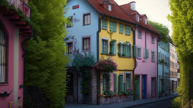 Een kleurrijk huis midden in een straat