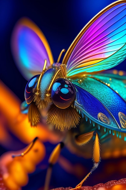 Een kleurrijk insect met blauwe en gele vleugels.