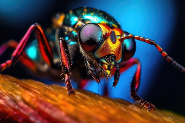 Een kleurrijk insect met een blauwe achtergrond