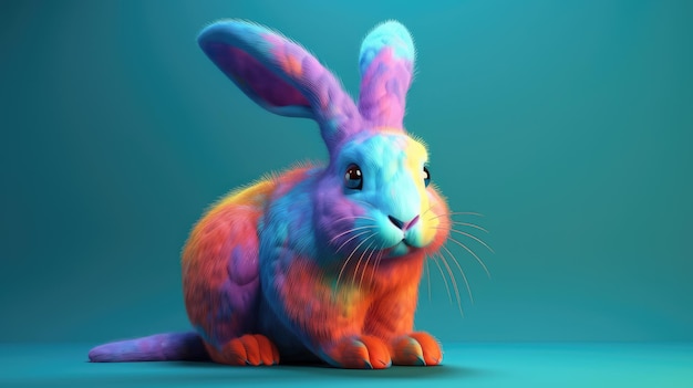 Een kleurrijk konijn met een blauwe achtergrond.