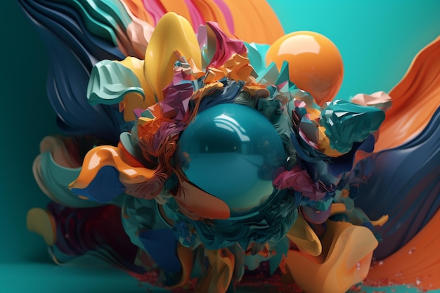 Een kleurrijk kunstwerk met in het midden een grote bal.