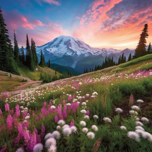 Een kleurrijk landschap met een berg op de achtergrond