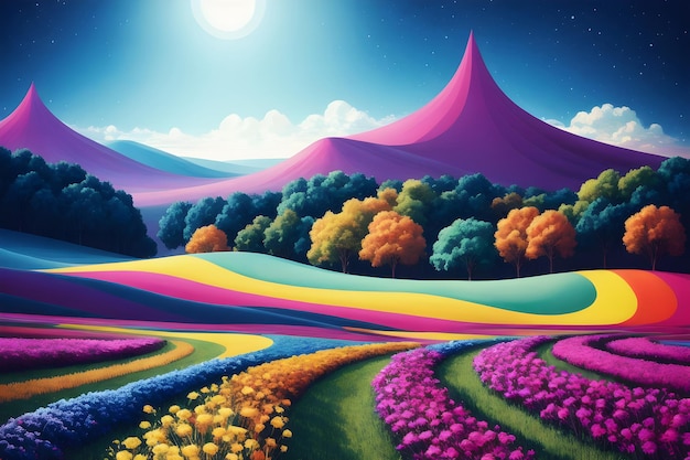 Een kleurrijk landschap met een heuvel en bloemen.