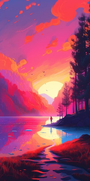 Een kleurrijk landschap met een persoon op een meer en bergen op de achtergrond.