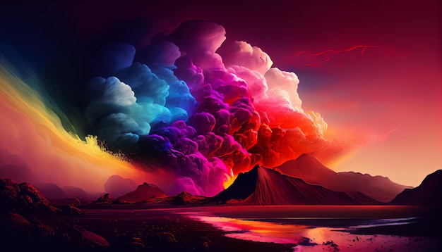 Een kleurrijk landschap met op de achtergrond een berg en een vulkaan