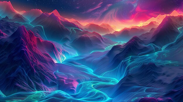 een kleurrijk landschap van ijsbergen met een paarse achtergrond