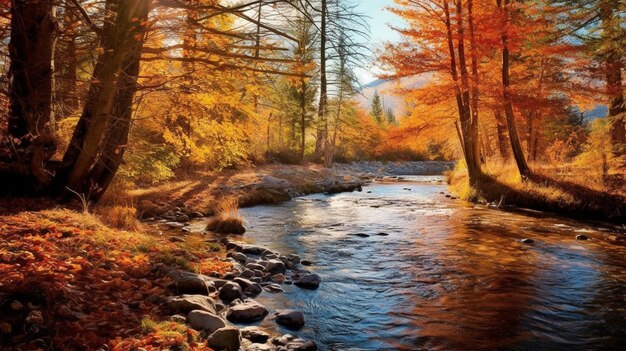 Foto een kleurrijk landschap waar een rivier doorheen stroomt.