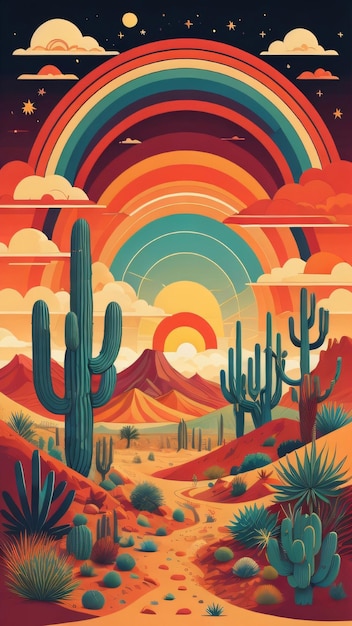 Een kleurrijk landschap woestijn een regenboog denkbeeldige wereld