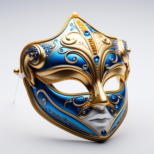 Een kleurrijk masker met blauwe en gouden accenten
