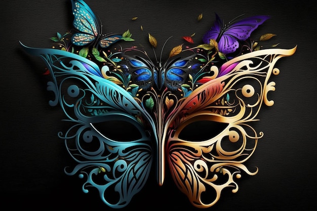 Een kleurrijk masker met vlinders erop