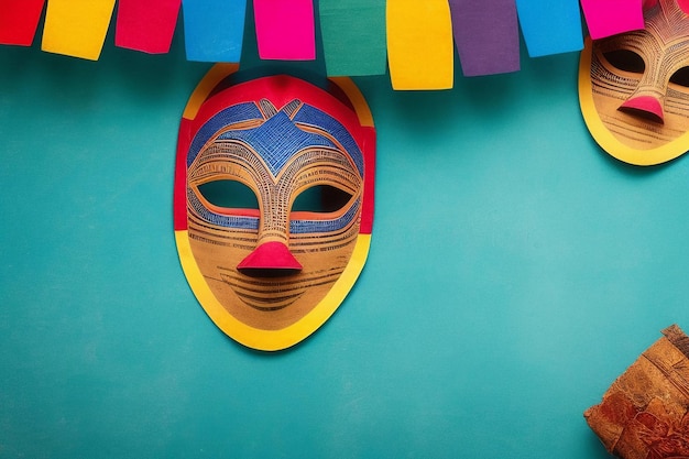 Een kleurrijk masker van papier-maché hangt boven een blauwe achtergrond met een kleurrijke banner waarop mayan staat.