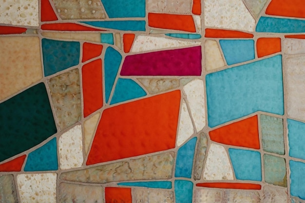 een kleurrijk mozaïek met een blauw en rood ontwerp erop