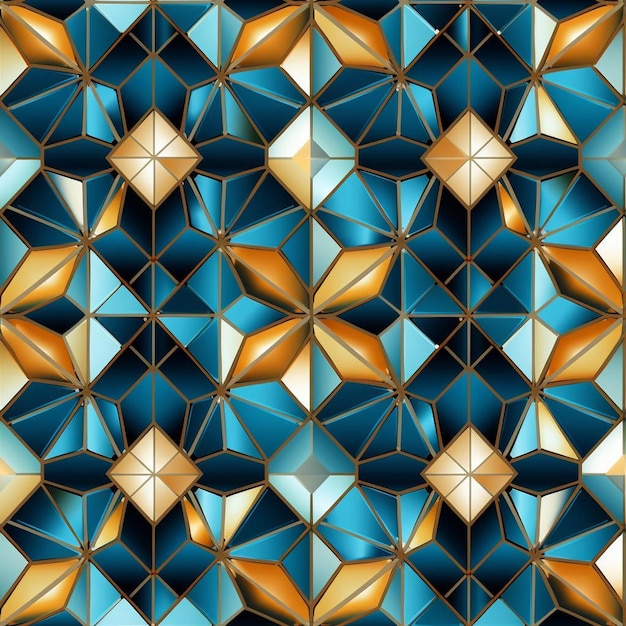 Een kleurrijk mozaïek met gouden en blauwe vierkanten en een gouden diamant.