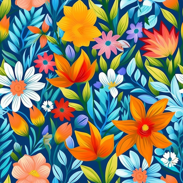 Een kleurrijk naadloos patroon met een verscheidenheid aan heldere zomerse bloemen en bladeren