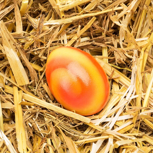 Een kleurrijk paasei in oranje en gele kleuren ligt in stro. Genomen in Studio met een 5D mark III.