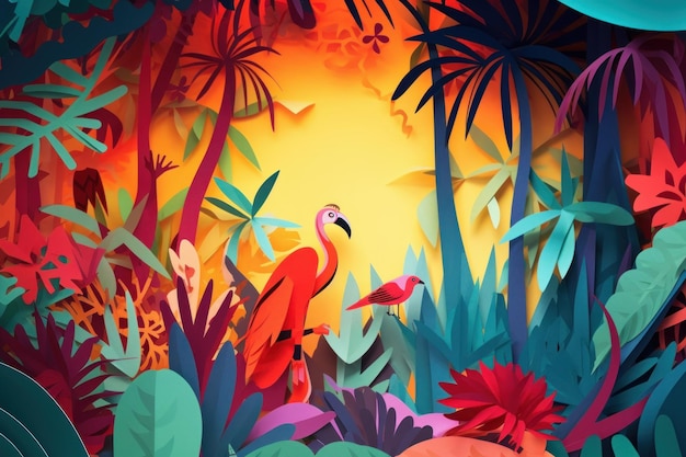 Een kleurrijk papier geknipt uit een tropische jungle met een flamingo en een rode vogel.