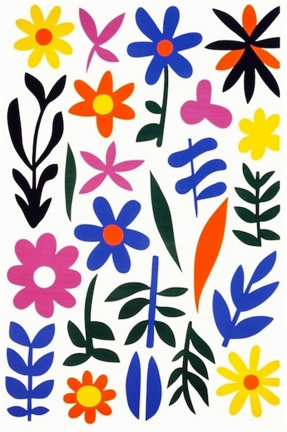 een kleurrijk patroon met bloemen en bladeren.